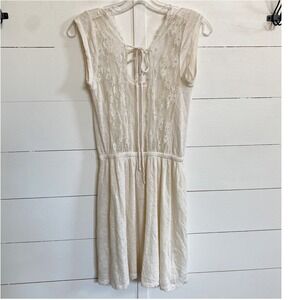 ZARA Collection Ecru 100% Linen Open Lace Back Dress Elastic Waist, Tie Back - S